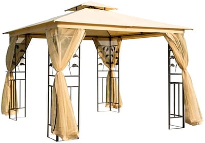 Luxe Tuinpaviljoen - Paviljoen met Dubbel Dak, Zijpanelen & Muggennetten - 3 x 3 m - Prieel - Partytent - Pergola - Gazebo - Feesttent - Tuintent - Weerbestendig - Winterbestendig - voor Tuin, Camping & Feest - Beige