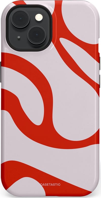Casetastic hoesje geschikt voor Apple iPhone 15 - MagSafe - Dubbellaagse bescherming - Oranje Witte Pebbel Stenen - Fashion Case - Lichtgrijs Rood