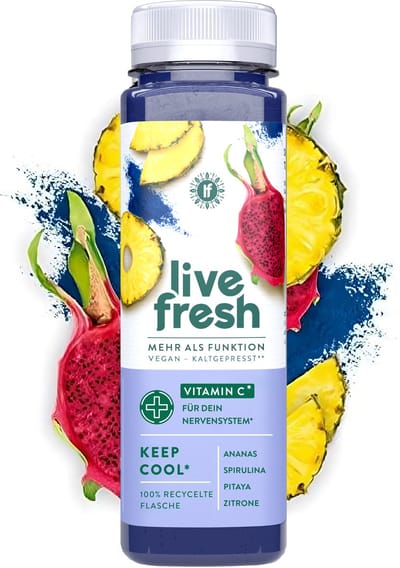 LiveFresh ananassap met vitamine C – koudgeperst vruchtensap zonder toegevoegde suiker – gemaakt van ananas, appel, citroen, pitaya & spirulina – Keep Cool – 12x250ml