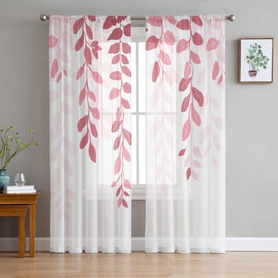 Bladplant Landelijke Stijl Agaat Groen Roze Verloop Transparant Raamgordijn Tule Gordijnen voor Woonkamer Huisdecoratie Voile Gordijnen 135W x 114H(cm) white