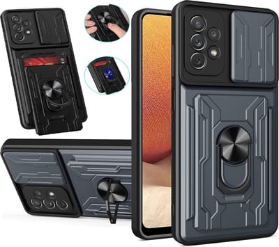 Hoesje Geschikt Voor Samsung Galaxy A22 5G hoesje met kickstand Grijs - Hoesje Geschikt Voor Samsung Galaxy A22 5G camera lens screen protector - hoesje Hoesje Geschikt Voor Samsung Galaxy A22 met pasjeshouder ring case