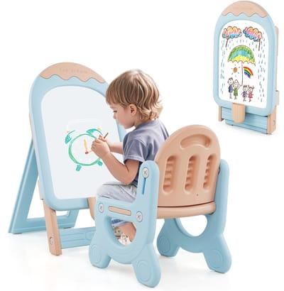 COSTWAY Kinderezel met stoel, in hoogte verstelbaar en inklapbaar met whiteboard en opbergdoos, bord voor kinderen met marker en magneet, cadeau speelbord voor meisjes en jongens (blauw)