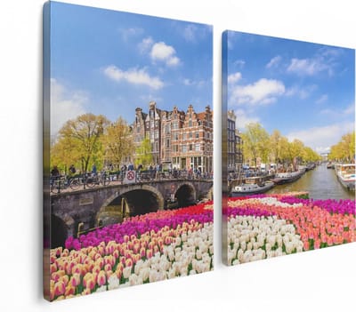 Artaza Canvas Schilderij Tweeluik Amsterdamse Huisjes Aan De Grachten  - 120x80 - Foto Op Canvas - Canvas Print