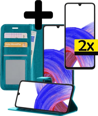 Hoesje - Met 2x Screenprotector - Geschikt voor Samsung Galaxy A33 - Luxe Pasjeshouder - Bookcase Portemonee - Flip Case - Kunstleer Book Case - Flipcase Hoes - Book Cover - Walletcase - Portemonneehoes - Telefoonhoesjes - Turquoise