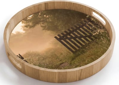 Dienblad rond 40x40 cm - Schootdienblad hout - Hek - Natuur - Mist - Veld - Borrelplank rechthoek - Plateau houten dienbladen