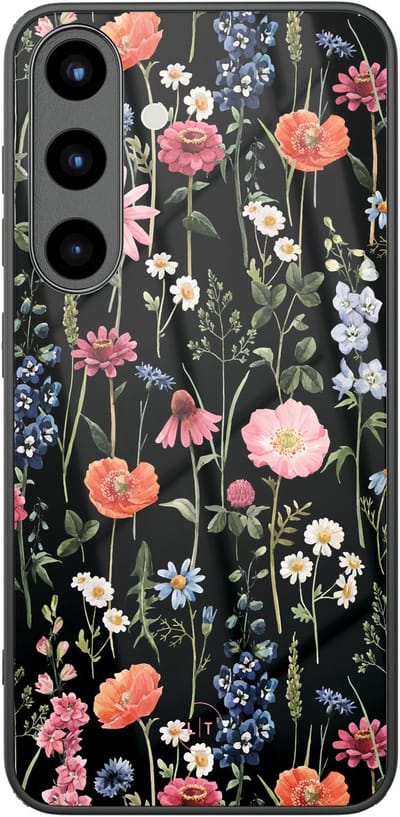 Hoesje geschikt voor Samsung Galaxy S25 - Dark flowers - Luxe Glazen Hardcase - Bloemen - Multi