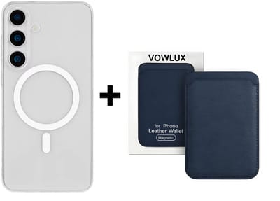 VOWLUX Compatible MagSafe Hoesje voor Samsung Galaxy S25 Transparant – Inclusief Blauw Wallet Pasjeshouder – 24 Magneten – Kunstleer – 3 Kaarten – Shockproof Case