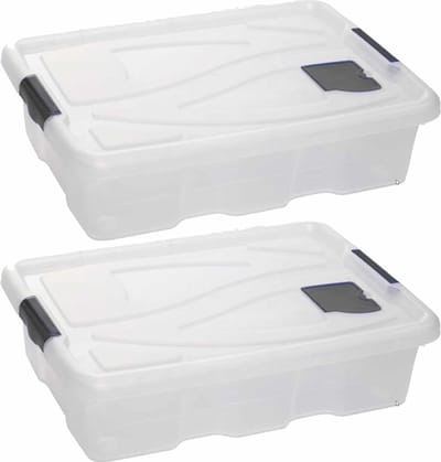 Hega hogar opbergbox - 2x - transparant/blauw- 28 liter - 62 x 45 x 17 cm - kunststof - opbergdoos - opbergbak
