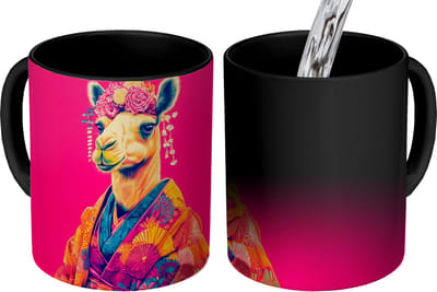 Magische Mok - Foto op Warmte Mokken - Koffiemok - Kameel - Bloemen - Kimono - Waaiers - Magic Mok - Beker - 350 ML - Theemok
