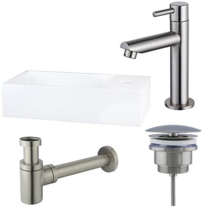 FugaFlow Eccelente Arredo fonteinset - 36x18.5x9cm - 1 kraangat - solid surface - fonteinkraan RVS geborsteld - mat wit -