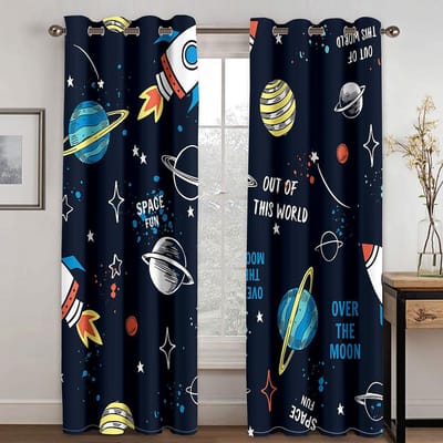3D Cartoon Ruimte Planeet Ruimteschip Universum Kinderen Dunne Gordijnen voor Jongens Woonkamer Slaapkamer Decor 2 Panelen 100W130H(CM)40x51in&Grommet Top