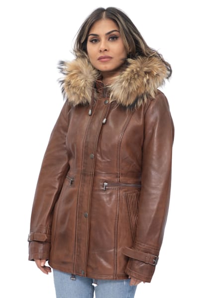 Dames lederen parka jas met capuchon-Putian