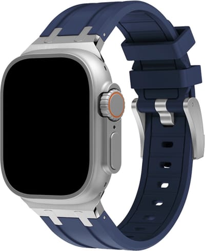 Stravo Heavy Duty Liquid Silicone Rubber Sport bandje Geschikt voor Apple Watch 42mm(Series 11/10) 41mm 40mm 38mm - Luxe rubber siliconen horlogebandje met RVS gesp - Voor Apple Watch SE 1 2 3 / Series 11 10 9 8 7 6 5 4 3 2 1 - Zilver/blauw