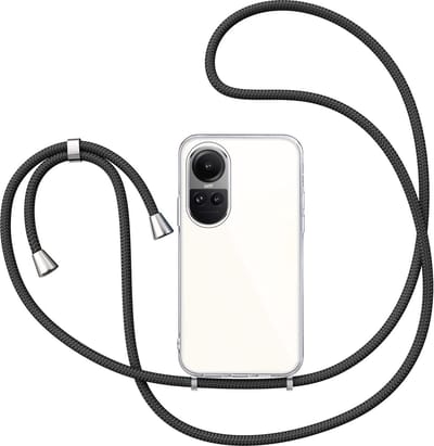 Hoesje met Koord geschikt voor Oppo Reno 10 / 10 Pro - Back Cover Siliconen Case Transparant Hoes Zwart