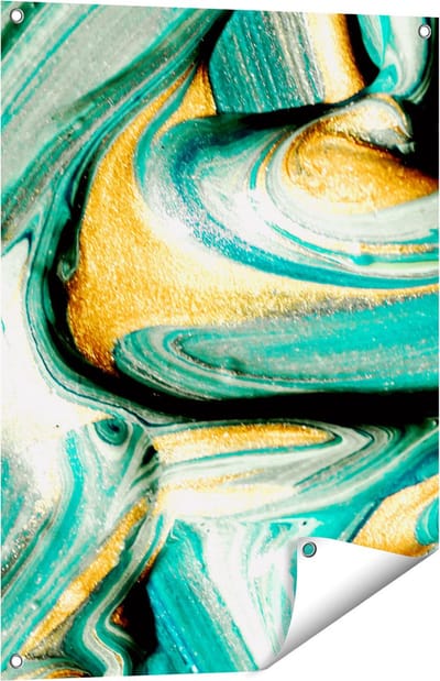 Gards Tuinposter Abstracte Kunst - Groen met Gouden Verf - 60x80 cm - Tuindoek - Tuindecoratie - Wanddecoratie buiten - Tuinschilderij
