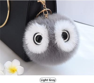 Pompon Boule de Poil de Lapin Moelleuse Porte-clés Hibou Pompon Hibou pour Femme Porte-clés Jouet Féminin Porte-clés Bijou Porte-bonheur Voiture Sac Cadeau gris clair