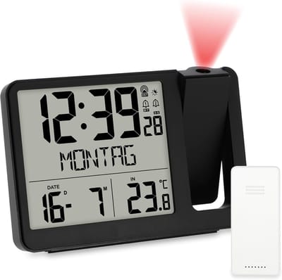Famanu - Digitale projectie-wekker met buitensensor, dubbele wektijd, temperatuur, datum, weekdag, zwart