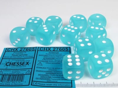 Chessex Frosted Teal/wit D6 16mm Dobbelsteen Set (12 stuks)