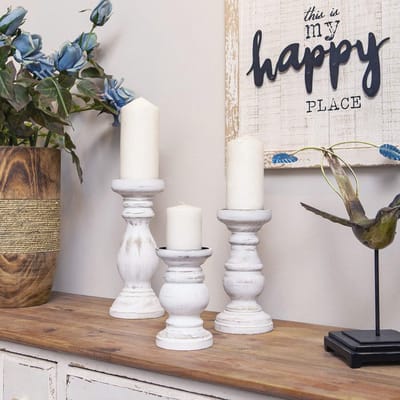 Set van 3 Houten Kaarsenhouders voor Huisdecoratie - Distressed Wit