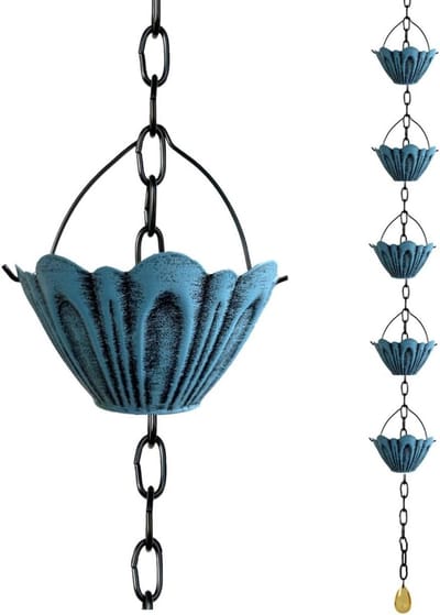 Regenketting – 1 streng – Gotische stijl – 6 cups – Decoratieve regenafvoer voor buiten – 1,62 meter – Zorgt voor rustgevende regengeluiden – Afwateringssysteem voor tuinen en terrassen – Combineert regenwateropvang met tuindecoratie – Blauw