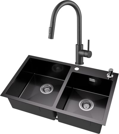 Auralum MAX Dubbele Spoelbak (75x45cm) Antraciet - Spoelbak Keuken Met keukenkraan Met Uittrekbare Uitloop - Duurzaam, Veelzijdig en Geluiddempend - Met zeepdispenser 300ml en Waterafvoersysteem