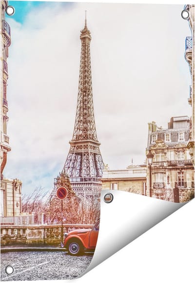 Gards Tuinposter Eiffeltoren in Parijs met een Rode Kever Auto - 40x50 cm - Tuindoek - Tuindecoratie - Wanddecoratie buiten - Tuinschilderij