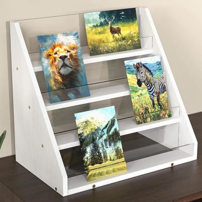 Kaart Display Stand - Fotohouder Organizer - Decoratief Presenteren - Bamboe Acryl Combinatie - 4 Niveaus - Wit