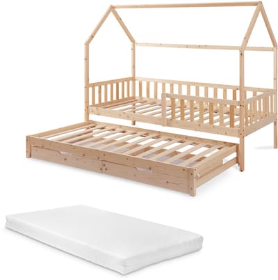 Kinderbed Aarghonmaa met matras uitschuifbed en opberglades 90x200 cm naturel [en.casa]