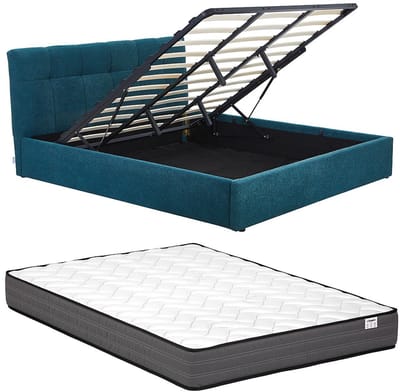 Vente-unique Bed met opbergruimte stof groenblauw 180 x 200 cm (Super King Size Bed)