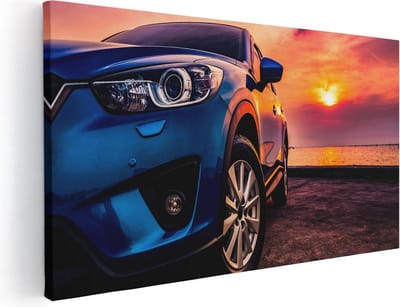 Artaza Canvas Schilderij Auto - 40x20 cm - Klein - Wanddecoratie Zonsondergang - Muurdecoratie Zee - Schilderijen Op Canvas