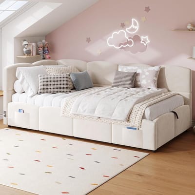 Gestoffeerd Kinderbed - Slaapbank Tienerbed - Ontspannen Zitten - Geïntegreerde Matrasstructuur - 90x200 cm - Beige Fluweel