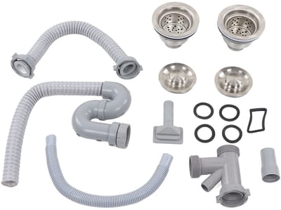 Dailygoods- Gootsteenafvoerpijp met dubbele afvoeren - Eenvoudige installatie - Roestvrij staal/ABS - Snelle afvoer - Geschikt voor keuken/badkamer - 12 accessoires inbegrepen - Afvoerpijp