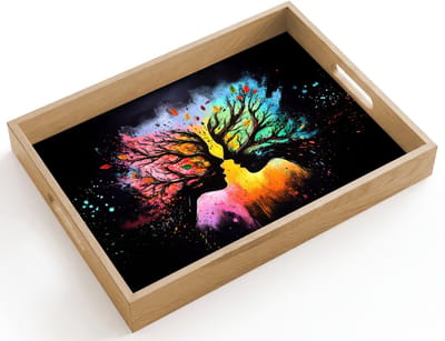 Dienblad hout 40x30 cm - Schootdienblad - Gezichten - Silhouetten - Kleurrijk - Takken - Borrelplank rechthoek - Plateau dienbladen