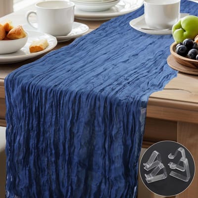 Tafelloper, kaasdoek, 90 x 400 cm, stofblauw, boho, transparante loper, tafel, bruiloft, gaasdoek, rustieke kaasdoek voor bruid, douche, met 2 grote tafelkleedklemmen en 2 kleine tafelkleedklemmen