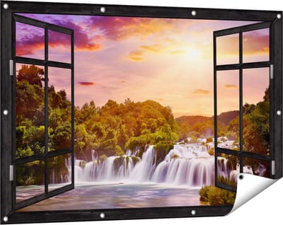 Gards Tuinposter Doorkijk Watervallen in het Bos - 120x80 cm - Tuindoek - Tuindecoratie - Wanddecoratie buiten - Tuinschilderij