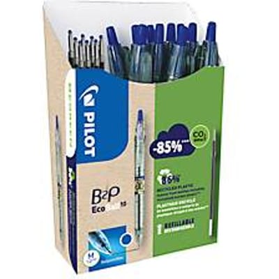 PILOT Bottle 2 Pen Ecoball intrekbare biro's, lijndikte 0,6 mm, onvervalsbare inkt, navulbaar, 86% gerecycled materiaal, blauw, set van10 stuks + 10 blauwe navullingen