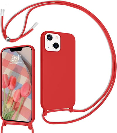 Casemania Hoesje Geschikt voor Apple iPhone 14 - Rood - Siliconen Back Cover met Koord - Telefoonhoesje met Koord - Crossbody Lanyard Cord Case