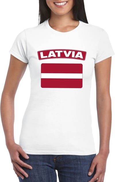 Vlag Letland t-shirt - wit - met vlag van het land print - voor dames - korte mouwen - supporters S