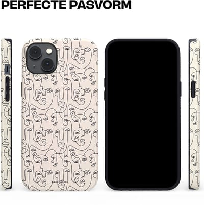 Casetastic hoesje geschikt voor Apple iPhone 14 Plus - MagSafe - Dubbellaagse bescherming - Art Deco Creme Abstractie Lijntekening Gezichten - Fashion Case - Zilver Crème Wit