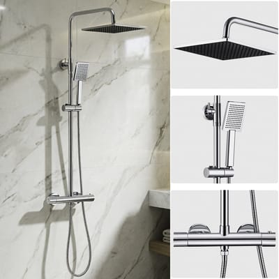 Auralum max - Regendouche met Thermostaatkraan - RVS Doucheset - Regendouche en Handdouche - 10 inch Douchekop - Verstelbare douchestang 88-124 cm - Waterbesparend - Chroom