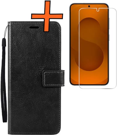 Hoes - Met Screenprotector - Geschikt voor Samsung Galaxy S25 Edge - Luxe Pasjeshouder - Bookcase Portemonee - Flip Case - Kunstleer Book Case - Flipcase - Book Cover - Walletcase - PortemonneeHoes - Zwart