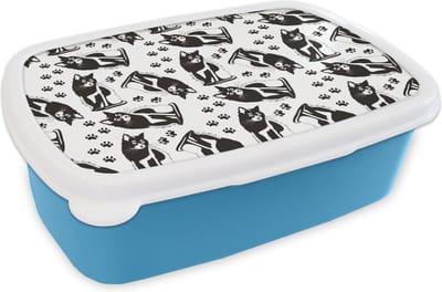 Broodtrommel Blauw - Lunchbox - Brooddoos - Patronen - Kat - Zwart - Wit - Jongens - Meisjes - Kinderen - Kind - 18x12x6 cm - Kinderen - Jongen