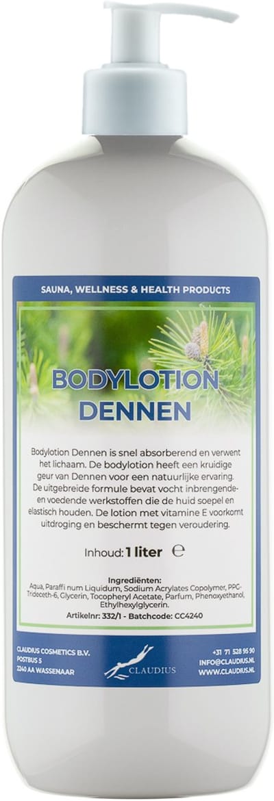 Bodylotion Dennen 1 Liter met witte pomp - stijlvolle en duurzame uitstraling