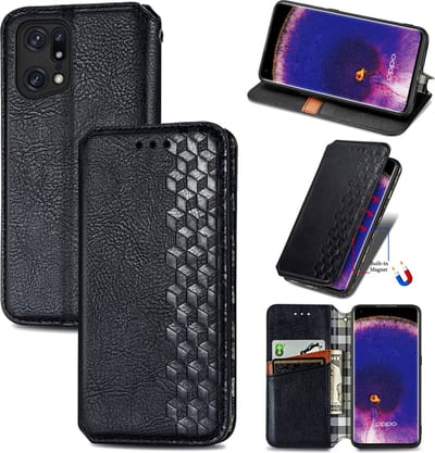 Luxe PU Lederen Ruitpatroon Wallet Case + Screenprotector voor OPPO Find X5 _ Zwart