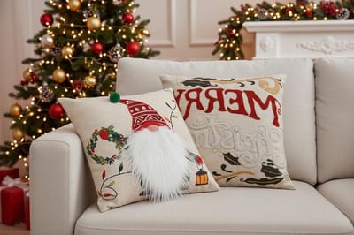 Kussenhoezen Set - Decoratiehoezen - Kerstsfeer Creëren - Geborduurd Design - 45x45cm - Beige Rood Wit