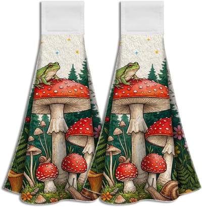 2 Pack Bos Paddestoel Keuken Handdoeken met Lus, Zachte Microfiber Theedoeken voor Thuis en Badkamer, Absorberend en Rustiek Design