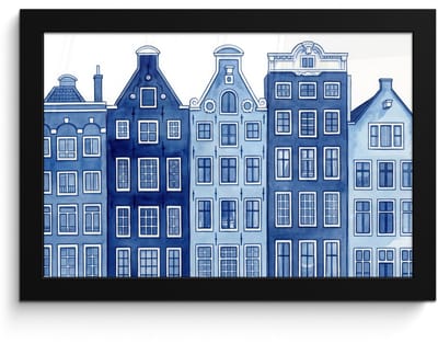 Poster in lijst - Fotolijst 30x20 cm - Posters - Aquarel - Grachtenpanden - Delfts - Blauw - Posterlijst zwart - Decoratie - Wanddecoratie woonkamer - Muurdecoratie slaapkamer
