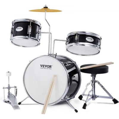 VEVOR 3-delige drumset met verstelbaar pedaal, twee paar drumstokken, 20 cm tom drum, 25 cm snaredrum, 36 cm basdrum, drumset voor kinderen, zwart