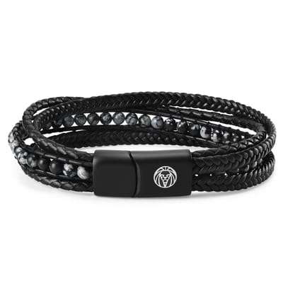 Naxos Leren Armband met Sneeuwvlok Obsidiaan