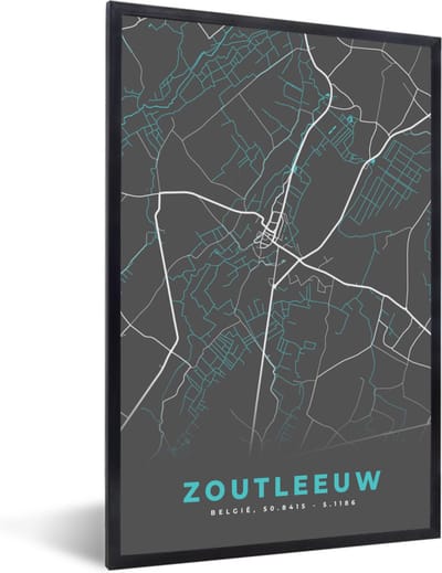 Fotolijst incl. Poster - België – Zoutleeuw – Stadskaart – Kaart – Blauw – Plattegrond - 40x60 cm - Posterlijst
